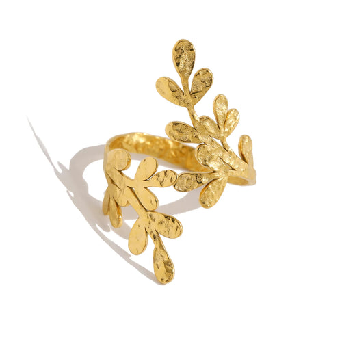 This stunning 18K gold-plated ring combines timeless elegance with a touch of nature-inspired charm. Crafted from durable stainless steel, its hammered texture creates a vintage metal finish that catches the light with every movement. The delicate leaf motif adds a unique, organic feel, while the adjustable design ensures a perfect fit for any finger. Waterproof and built to last, this ring is the ideal accessory for those who appreciate sophisticated, yet effortless style.