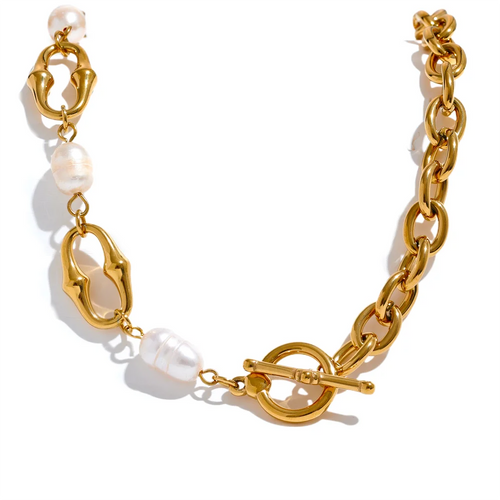 This stunning necklace showcases high-grade natural freshwater pearls paired with a sleek,  gold plated stainless steel chain, blending timeless elegance with modern style. Featuring two unique chain designs and a toggle clasp, it creates a captivating layered look that complements any outfit, from casual to formal.