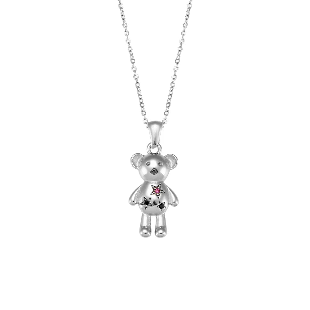 Necklace is made out of stainless steel and comes in two colours: gold and silver. Pendant is in a shape of a cute teddy bear and it is additionally adorned with cubic zirconia stars in pink colour. This beautiful necklace can be worn with daily or evening outfit. It has a size adjustable lobster clasp