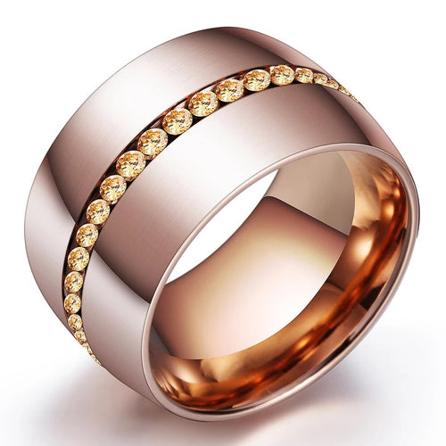 Classic 14mm Wide Steel Rings For Women Rose Gold Stainless Steel Plated with Pave Rose Crystal For Women