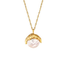 Load image into Gallery viewer, This elegant semi-baroque freshwater-wave pearl pendant necklace is made out of 18K gold plated stainless steel. It can be combined with an elegant dinning or celebration outfit and it can be a perfect gift for a special one.
