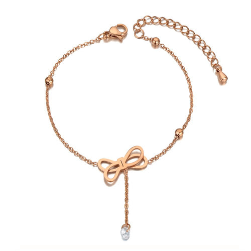 Original Design Stainless Steel Bowknow Charm Bracelets For Women Trendy CZ Crystal Chain & Link Bohemia Jewelry (Rose Gold Color)