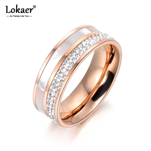 Lokaer Rose Gold Color  Rhinestone & Shell Wedding Rings Jewelry 316L Stainless Steel Engagement Ring For Women Gift R18050