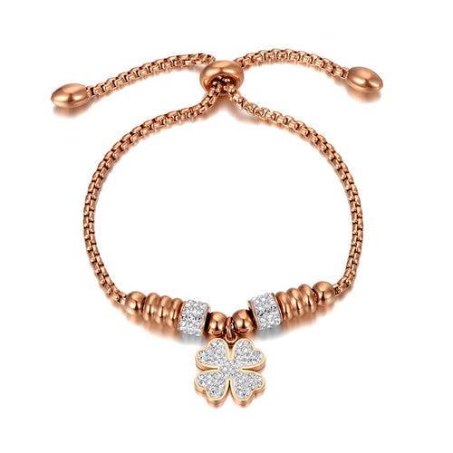 Titanium Stainless Steel Mosaic Crytal Flower Charm Bracelets For Girls Rose Gold Adjustable Chain Link Bracelet 