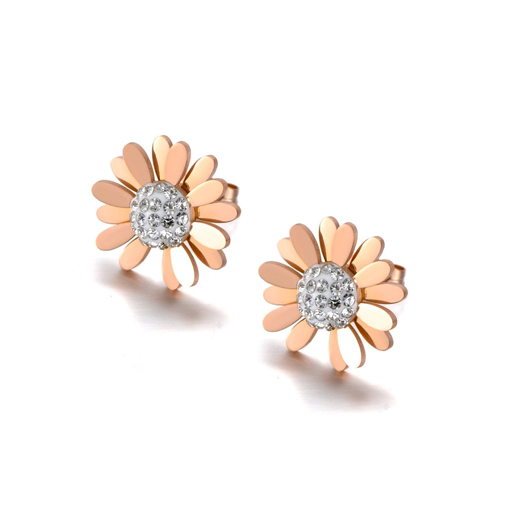 Cute Rhinestone Small Daisy Sun Flower Stud Earrings Stainless Steel Trendy Plant Earrings Jewelry For Women Girls 