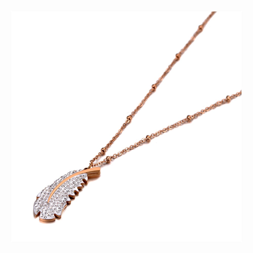 Lokaer Rose Gold Titanium Stainless Steel Feather Charm Choker Necklaces Bohemia CZ Crystal Pendant Necklace For Women 