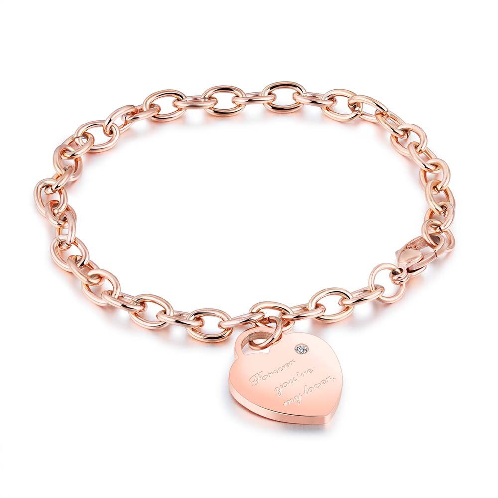 Trendy Titanium Stainless Steel Heart Charm Bracelets Rose Gold Color Female Models Love Chain & Link Bracelets B18195