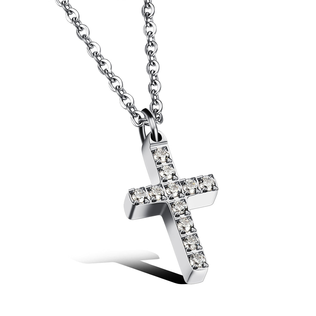 Simple and elegant necklace is made of 316L stainless steel. It comes in two colours: rose gold and silver. It has a small pedant in a shape of a cross adorned with cubic zirconia. It is perfect for everyday occasions as well as a gift for Baptism, First Holly Communion or Sacrament of Confirmation. The necklace has lobster clasp.