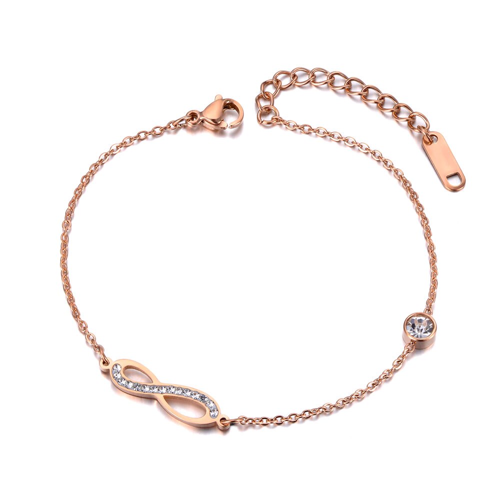 Summer Style CZ Crystal Infinite Eternity Charm Bracelet Bangle For Women Stainless Steel Link Chain Bohemia Beach (Rose Gold Color)