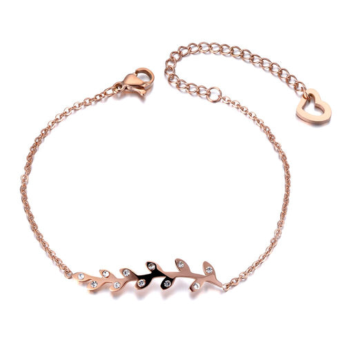 Spring Style Crystal Leaves Charm Bracelet Bangle For Women Girls Stainless Steel Link Chain Bohemia Beach Jewelry (Rose Gold Color)