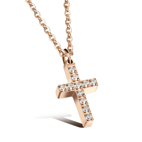 Simple and elegant necklace is made of 316L stainless steel. It comes in two colours: rose gold and silver. It has a small pedant in a shape of a cross adorned with cubic zirconia. It is perfect for everyday occasions as well as a gift for Baptism, First Holly Communion or Sacrament of Confirmation. The necklace has lobster clasp.