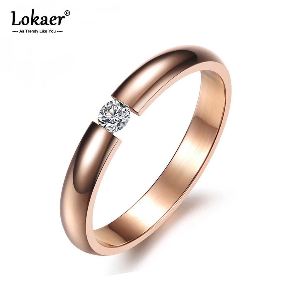 Lokaer Single Crystal Ring For Women Rose Gold/White/Black Color Stainless Steel Wedding Engagement Ring Jewelry Gifts R19101