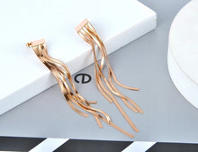 Load image into Gallery viewer, Elegant stainless steel earrings are made in a rose gold colour. These beautiful earrings are made as a stainless steel long tassel which gives them classy look. Earrings are rose gold plated and represent perfect accessory for your evening night out. They have stud fastening.
