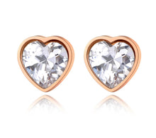 Load image into Gallery viewer, Classy and elegant stainless steel earrings are made in a rose gold and silver colour. The earrings are made in a shape of a heart which is adorned with big cubic zirconia. Earrings are rose gold plated and represent perfect and elegant touch to your classy and smart outfit. They have stud fastening.
