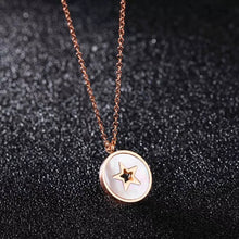 Load image into Gallery viewer, This beautiful necklace is made of stainless steel that is rose gold plated. It has link chain and pedant in a shape of a circle. Pedant is made of a shell and comes in two colours: white and black. The pedant is adorned with little star in rose gold colour. The necklace has adjustable length and lobster clasp.
