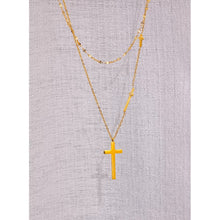 Load image into Gallery viewer, Stainless steel necklace comes in a gold colour and it is three times gold plated. This layered necklace is made of two different, thin and delicate chains with different length. Longer chain is adorned with three crosses in different sizes from which the biggest one is placed at the bottom of the necklace. The chain necklace is perfect for spicing up your daily and evening outfit. It has lobster clasp.
