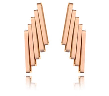 Load image into Gallery viewer, Stainless steel earrings are three times gold plated and come in a rose gold colour. Its rock design made them special for any outfit. They are made of five rectangles put together in a very interesting shape. Earrings have stud closure.
