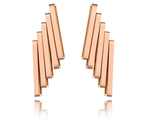 Stainless steel earrings are three times gold plated and come in a rose gold colour. Its rock design made them special for any outfit. They are made of five rectangles put together in a very interesting shape. Earrings have stud closure.