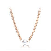 Load image into Gallery viewer, Bohemian stainless steel necklace is coming in rose gold colour and is three times gold plated. It is made of delicate and beautiful chain with links in a shape of leaves. In the bottom it is adorned with white artificial pearl. It makes great accessory for your daily and evening outfits. 
