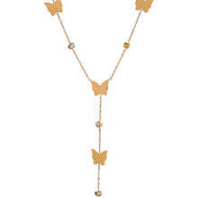 Load image into Gallery viewer, This beautiful and elegant 18K plated stainless steel necklace comes in a gold colour. It is adorned with small cubic zirconia pendants and stainless steel butterflies. There is a small chain hanging at the bottom of the necklace also adorned with the same pattern. This chic necklace is perfect for spicing up your evening outfit. It has lobster clasp and adjustable length.
