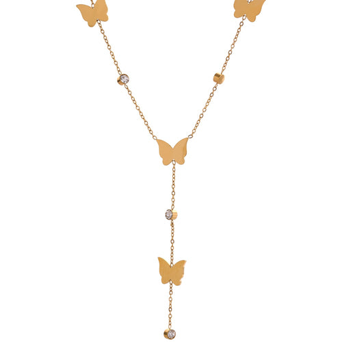 This beautiful and elegant 18K plated stainless steel necklace comes in a gold colour. It is adorned with small cubic zirconia pendants and stainless steel butterflies. There is a small chain hanging at the bottom of the necklace also adorned with the same pattern. This chic necklace is perfect for spicing up your evening outfit. It has lobster clasp and adjustable length.