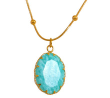 Load image into Gallery viewer, Stainless steel 18K gold plated necklace comes in a gold colour. It is made of a beautiful chain adorned with small balls. It has oval pendant made of natural stone amazonite with nice gold border. The chain necklace is perfect for spicing up your summer outfit. It has lobster clasp and adjustable length.
