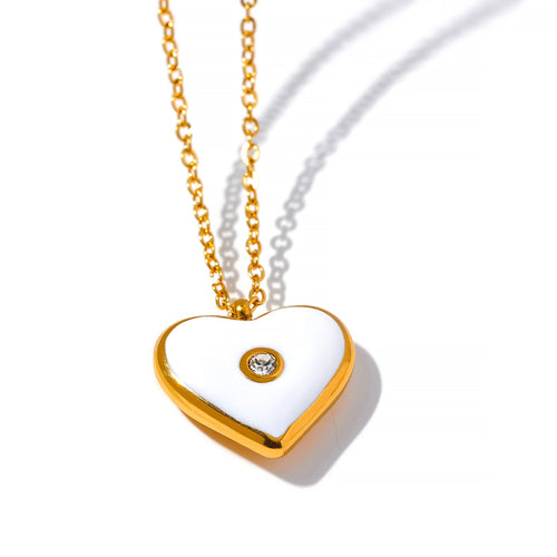 Stainless steel necklace comes in a rose gold colour. It is made of small link chain and it is adorned with a pendant in a shape of a heart. The heart has white enamel layer and small zircon in the middle. This romantic chain necklace is perfect for spicing up both, your daily or evening outfit. It has lobster clasp and adjustable length.