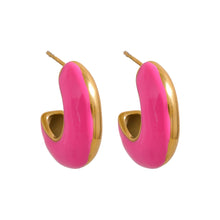 Load image into Gallery viewer, Trendy, statement earrings are made of stainless steel and come in several different colours.  One side of the earrings is coloured while the other one is in steel or gold plated colour.  The earrings are bug but light, which makes them very comfortable for wearing.  They have stud fastening.
