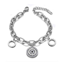 Load image into Gallery viewer, Beautiful stainless steel bracelet is made of a big linked chain and adorned with three circles. Main circle is richly adorned with two circles of cubic zirconia and engraved roman numerals. Other two circles are smaller and have roman numerals around its perimeter. The length is adjustable and bracelet has lobster closure.
