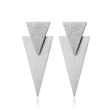 Load image into Gallery viewer, Rock glam stainless steel earrings are made in a rose gold and silver colour. They consists of  two triangles of different sizes. The upper triangle is smaller and sanded while the one situated below is bigger with shiny surface. Earrings are three times gold plated and represent perfect and elegant touch to your day to day style. They have stud fastening.
