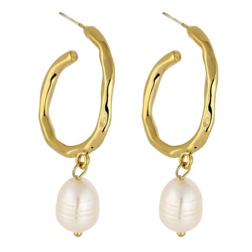 Elegant metal earrings are made in a gold colour. They consists of a big irregular hoop on which a natural pearl is attached. Earrings has real gold plating and represent perfect and elegant touch to your classy and elegant outfit. They have stud fastening.