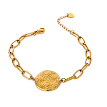 Load image into Gallery viewer, Bracelet is made of stainless steel and has real gold plating. Its link chain is adorned with medallion. Medallion has engraved sun, moon and little stars. The bracelet has adjustable length and lobster closer. It is perfect for everyday occasions. 
