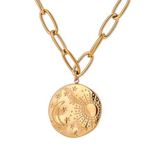 Load image into Gallery viewer, Choker necklace is made of stainless steel and has real gold plating. It is adorned with a beautiful medallion that has engraved: sun, moon and little stars. The length is adjustable and necklace has lobster clasp. It is perfect for every occasion.
