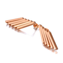 Load image into Gallery viewer, Stainless steel earrings are three times gold plated and come in a rose gold colour. Its rock design made them special for any outfit. They are made of five rectangles put together in a very interesting shape. Earrings have stud closure.
