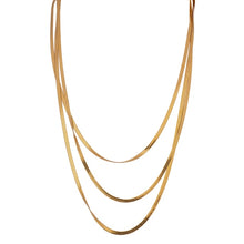 Load image into Gallery viewer, Stainless steel necklace with real gold plating comes in a gold and silver colour. It is made of a fine snake chain and it is made in three layers. Layers has different length. This snake chain necklace is perfect for glamming up your evening combination. It has lobster clasp.
