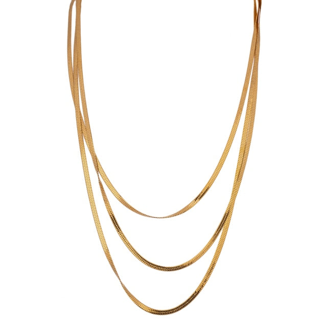 Stainless steel necklace with real gold plating comes in a gold and silver colour. It is made of a fine snake chain and it is made in three layers. Layers has different length. This snake chain necklace is perfect for glamming up your evening combination. It has lobster clasp.