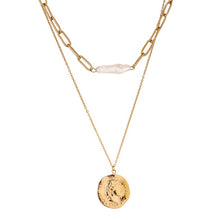 Load image into Gallery viewer, Necklace is made of stainless steel and comes in a gold colour with real gold plating. It is made of two layers. Shorter link chain is adorned with longer irregular pearl, while the thinner, longer and delicate chain is adorned with a medallion. Medallion has a portrait engraved. Necklace has adjustable length and lobster clasp. It is a real nice accessory for any kind of elegant outfit.
