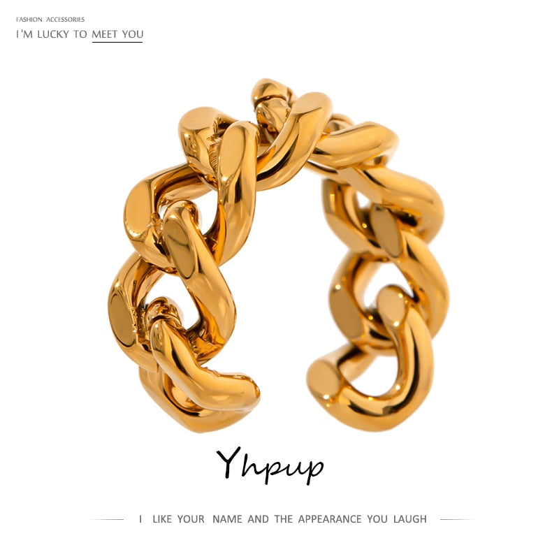 Yhpup Trendy Chain Opening Ring Stainless Steel Jewelry Statement Gold Metal Texture High Quality Finger Ring Anillos Mujer New