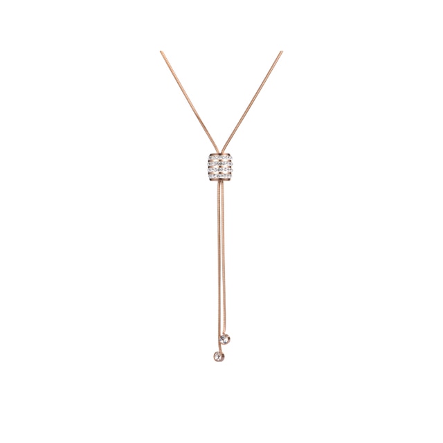 Stainless steel necklace comes in a rose gold colour. It is made of fine thin long chain which is adorned with a beautiful cylinder. Cylinder is additionally decorated with lines of cubic zirconia which makes the necklace perfect accessory for your night out. It has lobster clasp.