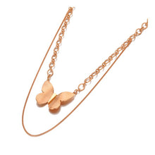 Load image into Gallery viewer, Bohemian stainless steel necklace comes in a rose gold colour. It is a double layered necklace made of fine thin chain and thicker link chain adorned with statement pedant in a shape of a butterfly. The necklace is perfect for your evening outfit. It has adjustable length and lobster clasp.
