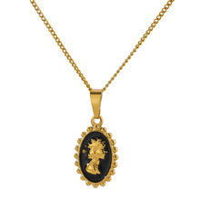 Load image into Gallery viewer, Necklace is made of stainless steel and comes in a gold colour with real gold plating. It is made of a thin and elegant chain which is adorned with a portrait pedant. Pedant is circled with interesting stainless steel border, portrait is in gold colour but the background comes in black colour. Necklace is a very elegant piece that will glam up your outfit. It has adjustable length and lobster clasp.
