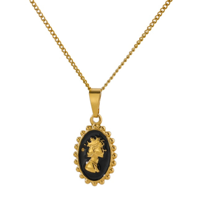 Necklace is made of stainless steel and comes in a gold colour with real gold plating. It is made of a thin and elegant chain which is adorned with a portrait pedant. Pedant is circled with interesting stainless steel border, portrait is in gold colour but the background comes in black colour. Necklace is a very elegant piece that will glam up your outfit. It has adjustable length and lobster clasp.