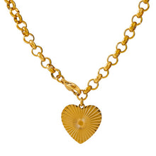 Load image into Gallery viewer, Stainless steel necklace comes in a gold and silver colour. It is three times gold plated. The necklace is made of interesting link chain which is adorned with a heart pedant. Heart pedant is engraved with lines which makes the necklace even more adorable. It has lobster clasp which can be connected to any link on a chain so you can wear the necklace in several ways.
