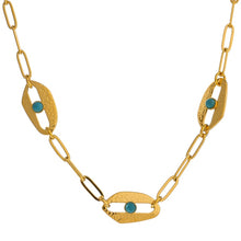 Load image into Gallery viewer, Necklace is made of stainless steel and comes in a gold colour with real gold plating. It is made of a big link chain which is adorned with three eyes with blue rocks in the middle.This very interesting necklace is a real statement piece that will glam up your outfit. It has adjustable length and lobster clasp.
