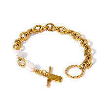 Load image into Gallery viewer, Bracelet is made of stainless steel and has real gold plating. It comes in gold colour and its link chain is adorned with two natural pearls. It has toggle clasp with a little plate. This bracelet is perfect to be warn in any occasion.
