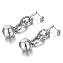 Load image into Gallery viewer, Rock glam stainless steel earrings are made in a rose gold and silver colour. They consists of three chain links. There is a ball at the bottom connected to them. Earrings are three times gold plated and represent great accessory for your rock glam styling. They have stud fastening.
