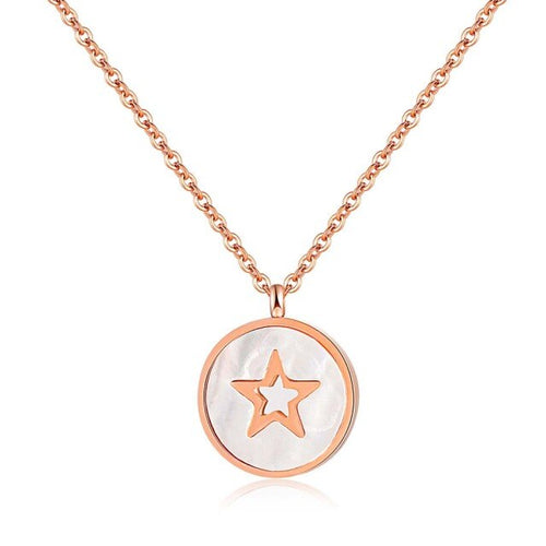 This beautiful necklace is made of stainless steel that is rose gold plated. It has link chain and pedant in a shape of a circle. Pedant is made of a shell and comes in two colours: white and black. The pedant is adorned with little star in rose gold colour. The necklace has adjustable length and lobster clasp.