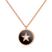 Load image into Gallery viewer, This beautiful necklace is made of stainless steel that is rose gold plated. It has link chain and pedant in a shape of a circle. Pedant is made of a shell and comes in two colours: white and black. The pedant is adorned with little star in rose gold colour. The necklace has adjustable length and lobster clasp.
