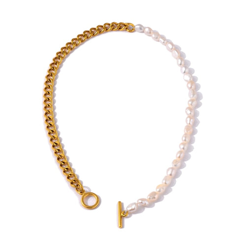 Necklace is made as a combination of stainless steel in gold colour and natural pearls. Half of the necklace is made of thicker link chain that is real gold plated and other half is made of pearls. The necklace is additionally adorned with a bigger toggle clasp at its bottom. Necklace is a real statement piece that will glam up your outfit.