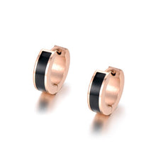 Load image into Gallery viewer, Little hoop earrings are made of stainless steel in a rose gold colour. They are adorned with line of black acryl or white shell. Earrings are three times rose gold plated and represent perfect and elegant touch to your day to day style. They have French closure.
